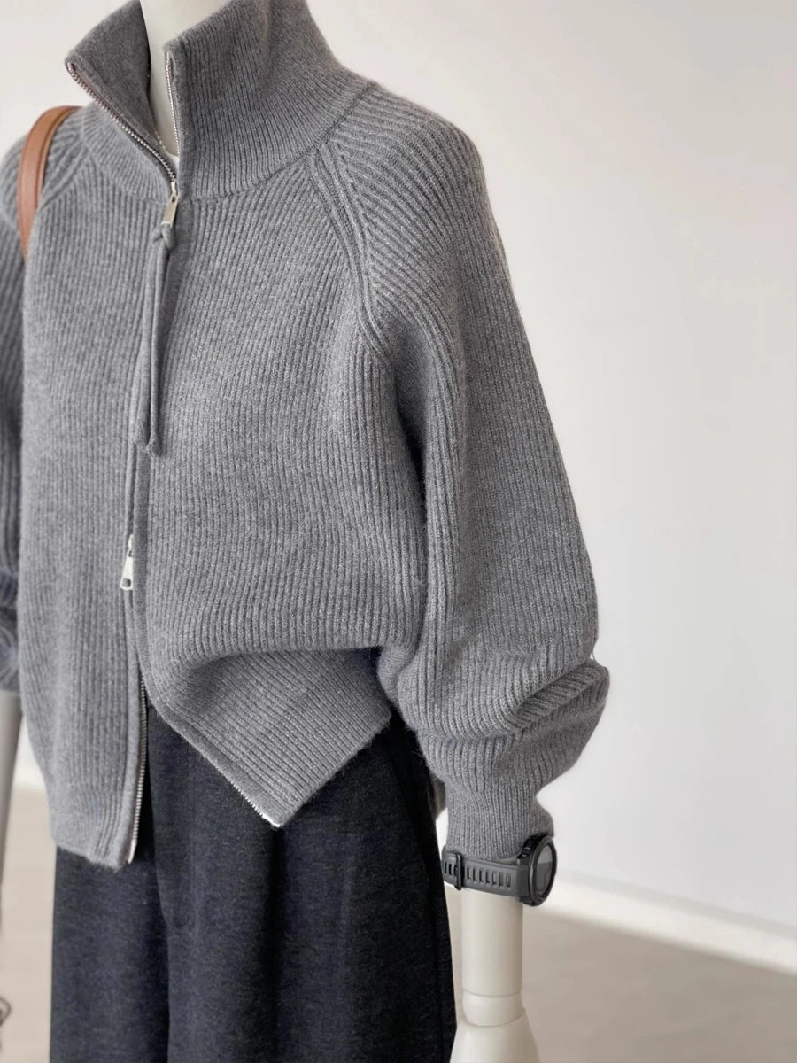 Double Zipper Gray Turtleneck Knitted Cardigan Women'S Autumn and Winter New Loose Lazy Wind Sweater Jacket Thickened Top