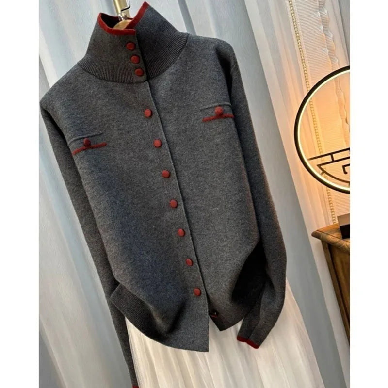 Autumn Ladies High Neck Patchwork Knitwear Femme Fashion Large Size 5XL Loose Knitting Women Single-Breasted Knitted Sweater Top