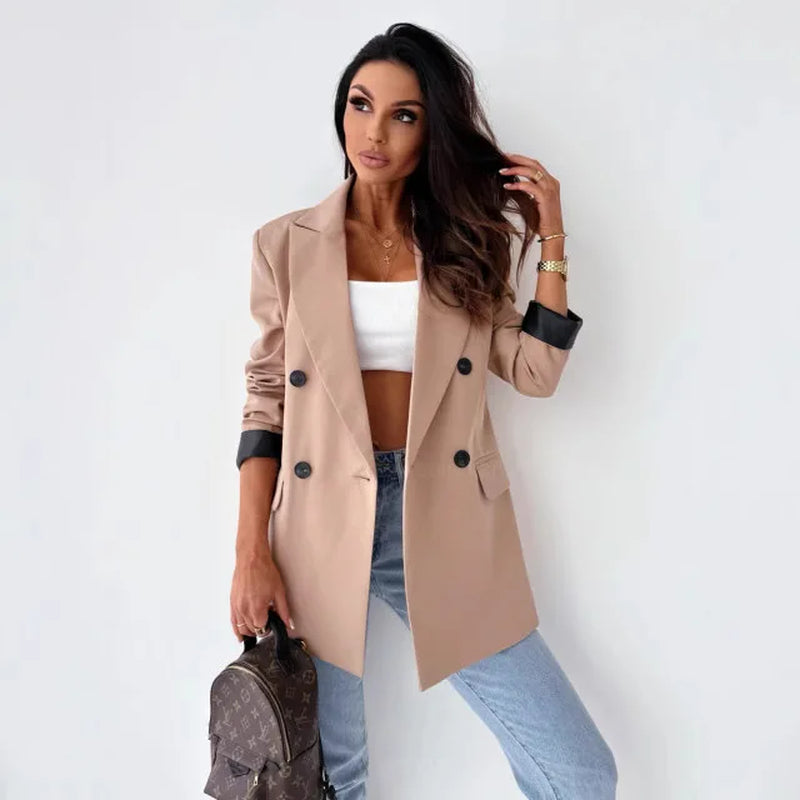 Casual Long Sleeve Double Breasted Women'S Blazer Spring Autumn Cross-Border Checkered Loose Fit Medium Length Commute Style