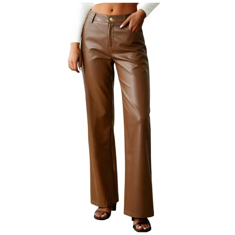 Vintage Faux Leather Pants for Women Trendy Street High Waist Straight Leg Pants Elegant PU Leather Y2K Trousers with Pockets