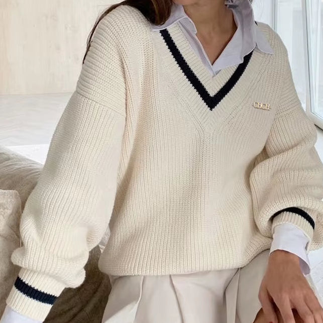 New Women'S Sweater Autumn Winter Knit Korean Streetwear Loose Pullover Sweatshirts Chic Tops Long Sleeve V-Neck Knitted Sweater