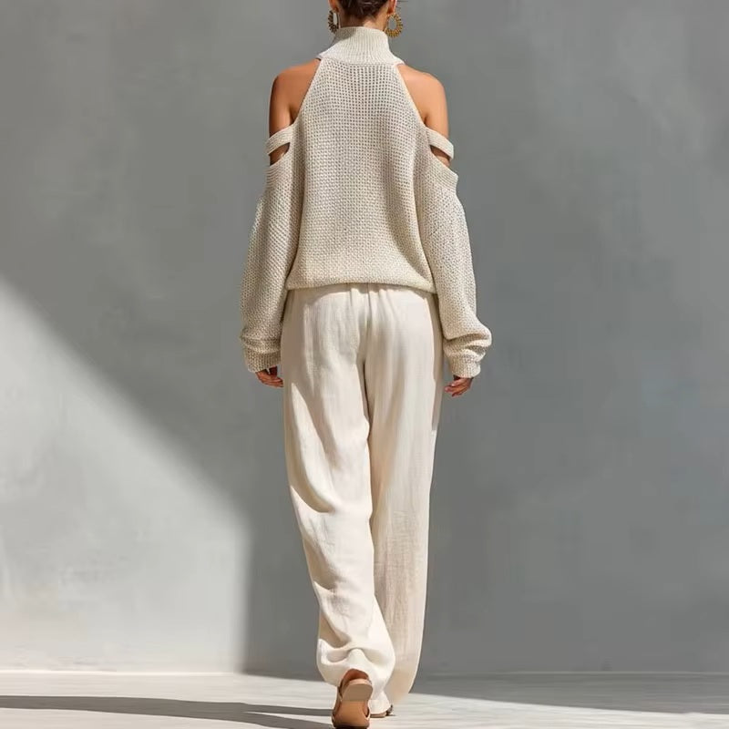 Cold-Shoulder Knit Sweater & Wide-Leg Trousers Set