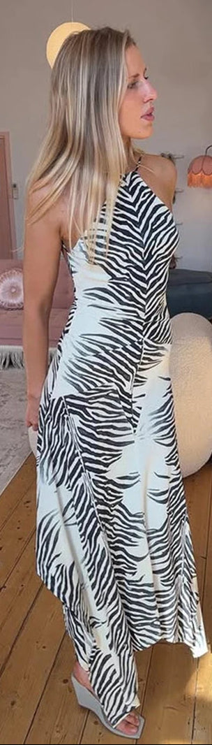 Irregular Hem Zebra Stripe Dress Woman Summer Trend Halter Backless Sleeveless High Street Fashion Style Long Bodycon