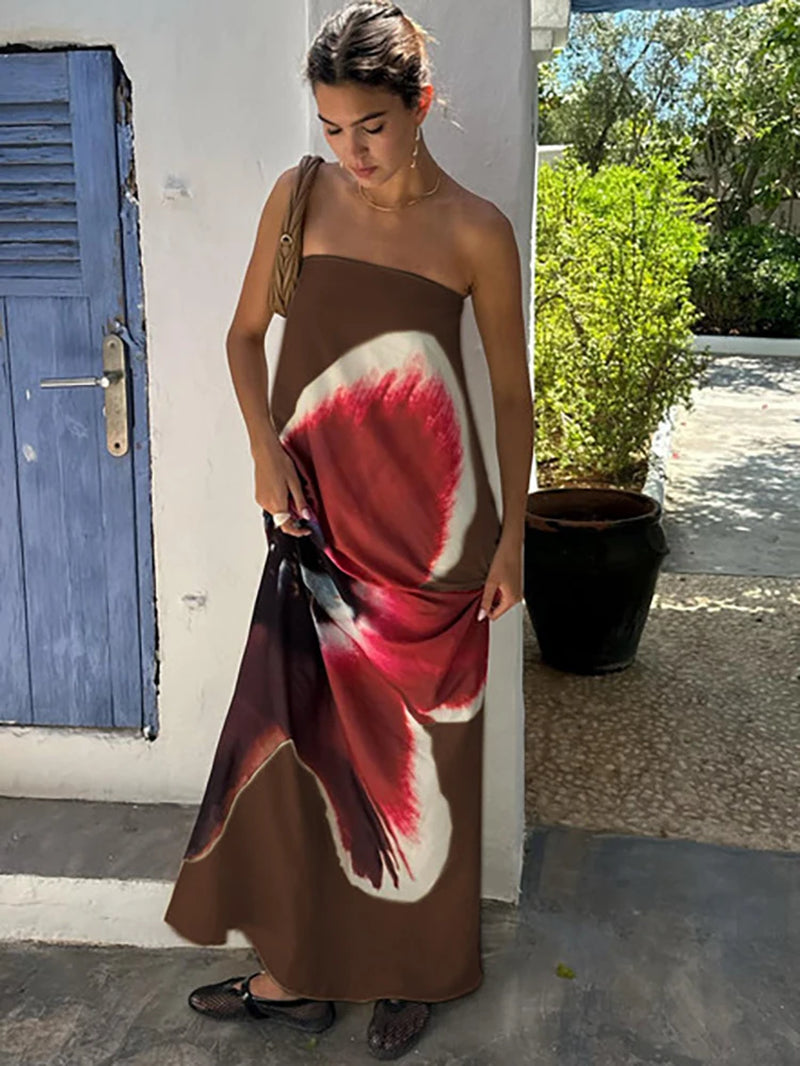 Sexy Strapless Print Floral Belt Women Maxi Dress Yellow Backless Vacation Dress Summer Loose Elegant Party Beachwear