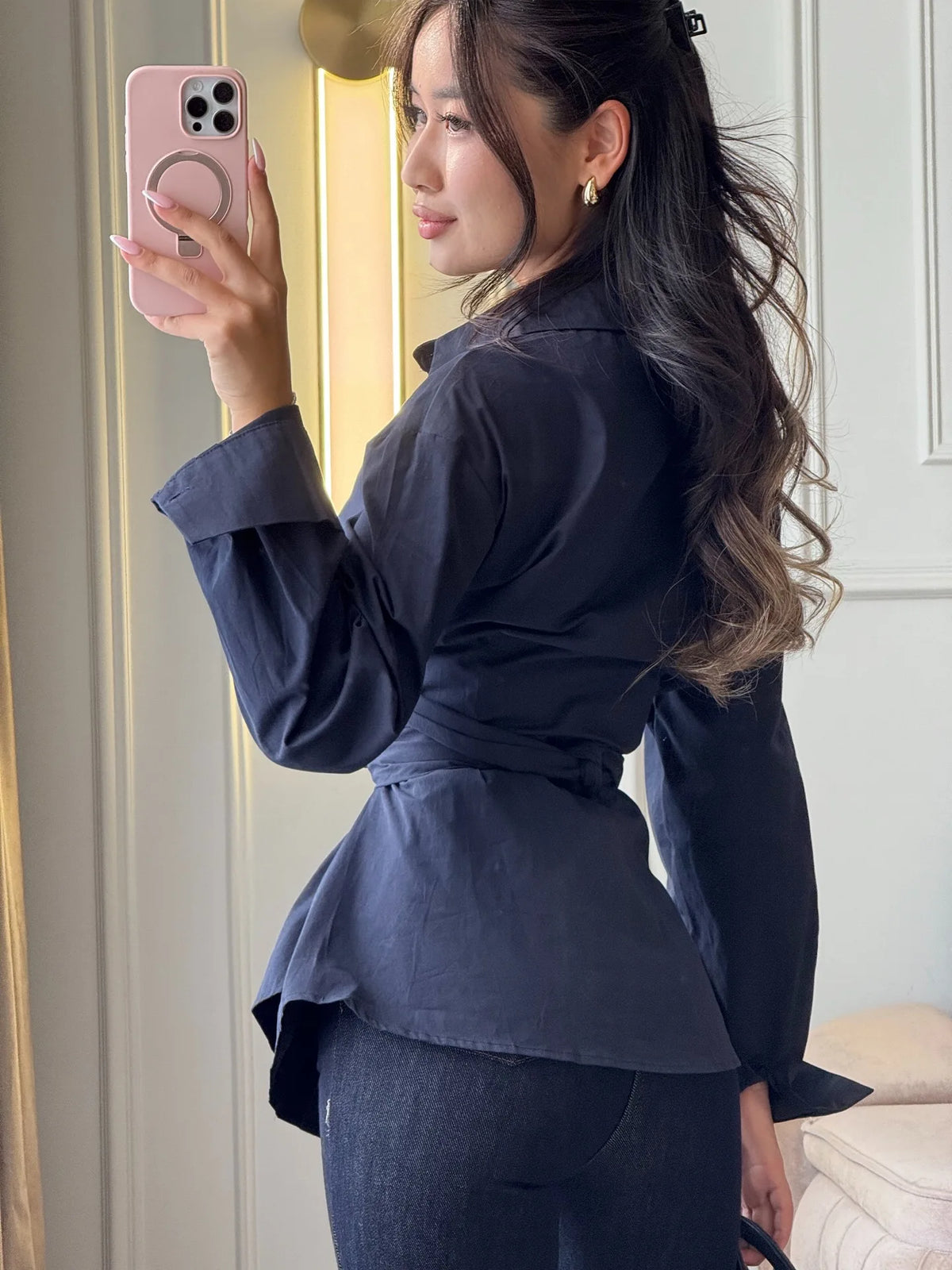 BJTZ 2026 Spring Summer Women Solid Color Tie Waist Slim Long Sleeve Shirt Elegant Casual Tops