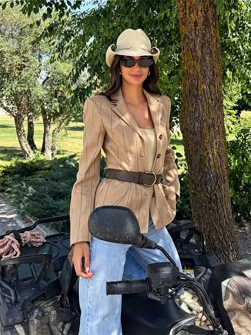 2026 Women Khaki Striped Linen Blazer Lapel Collar Slim Fit Single Breasted Short Jacket Casual Commuter Outerwear