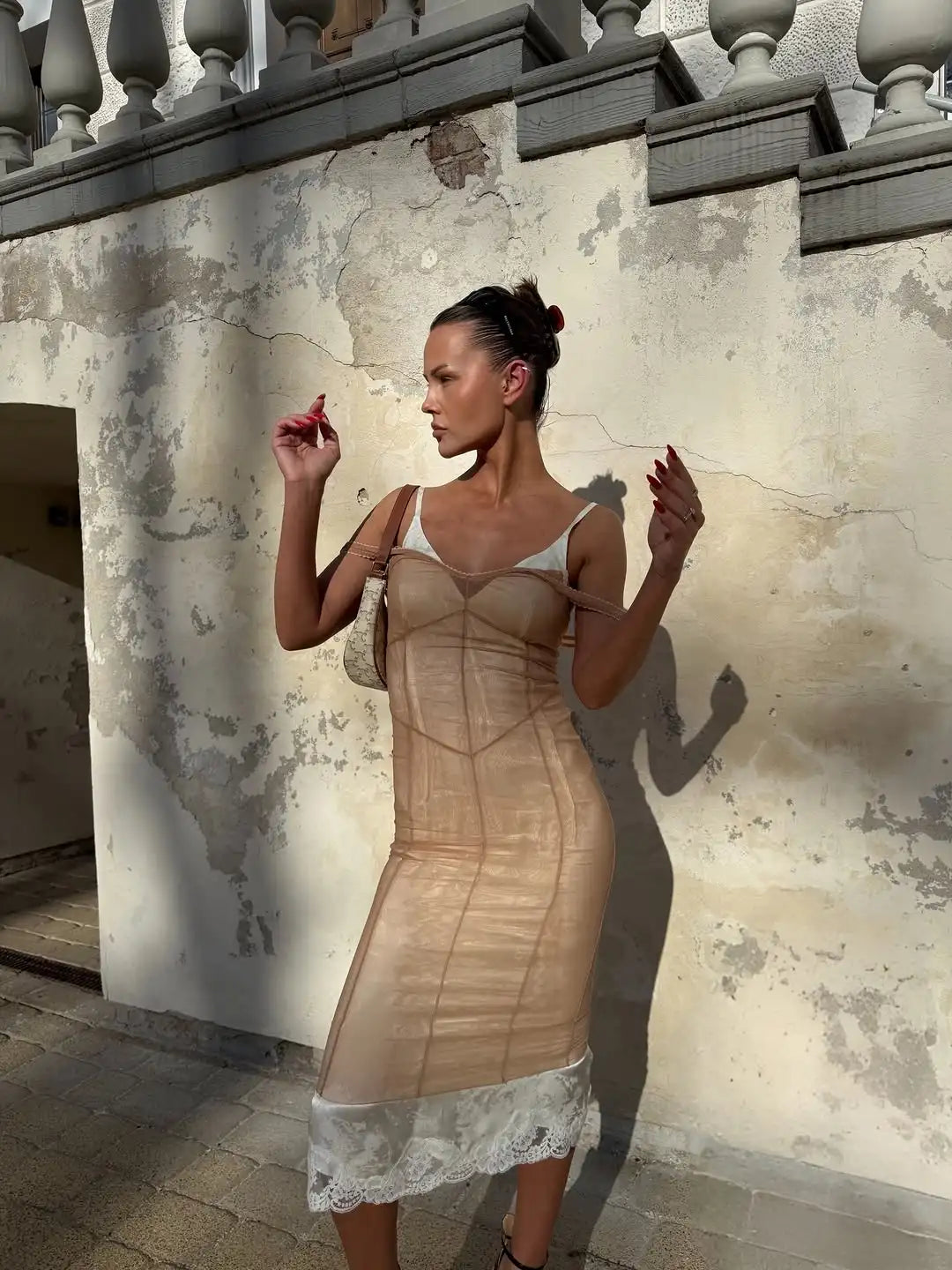 Women Nude Lace Trim Spaghetti Strap Lace Hem Midi Dress Elegant Deep V Sleeveless Bodycon Skirt 2026 Street Daily Dating Outfit