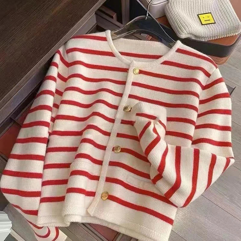 Women Stripe Knitted Cardigans Spring Autumn O-Neck Single Breasted Long Sleeve Crop Tops Fashion Casual Chic Female Sweaters