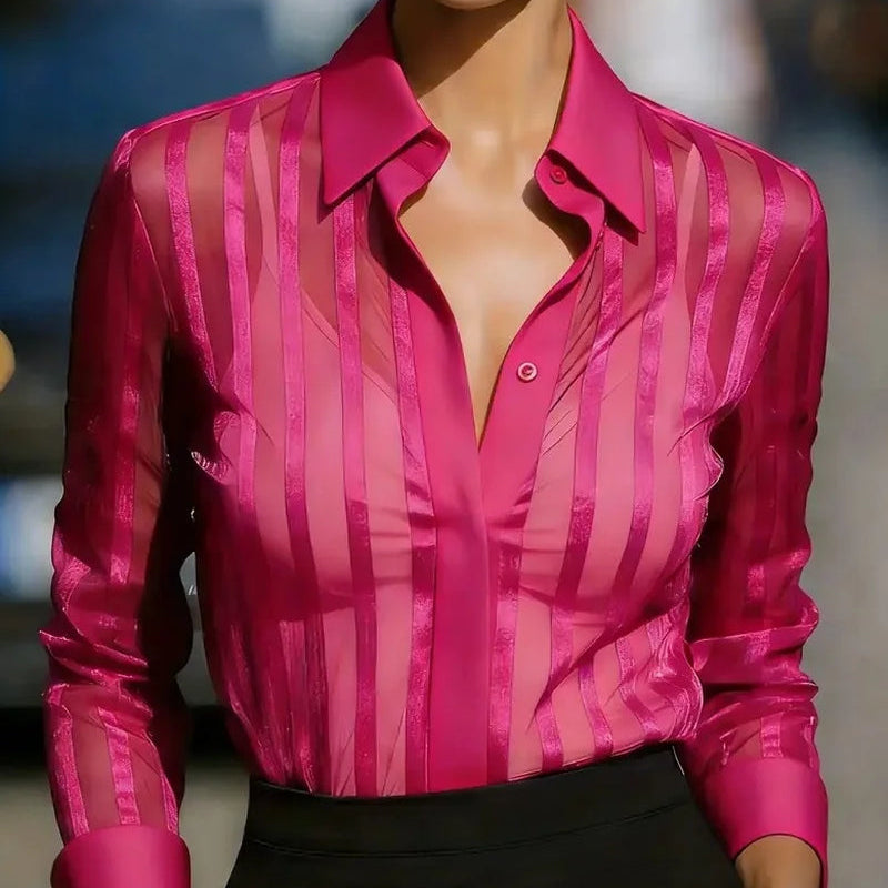 Sheer Vertical Stripe Button down Shirt Long Sleeve Collared Blouse for Women Office Top