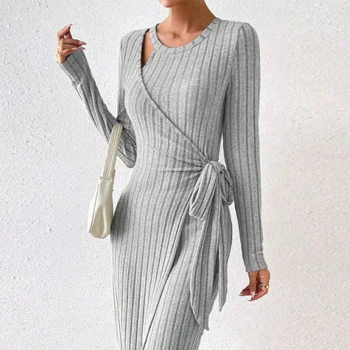 2026Spring and Summer Women'S Popular Knitted Gray Dress with an Asymmetrical Long Skirt