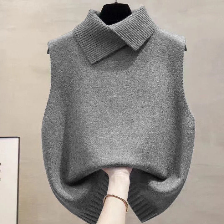 Autumn Winter Korean Solid Color Lapel Sleeveless Versatile Casual Knitted Vest for Women