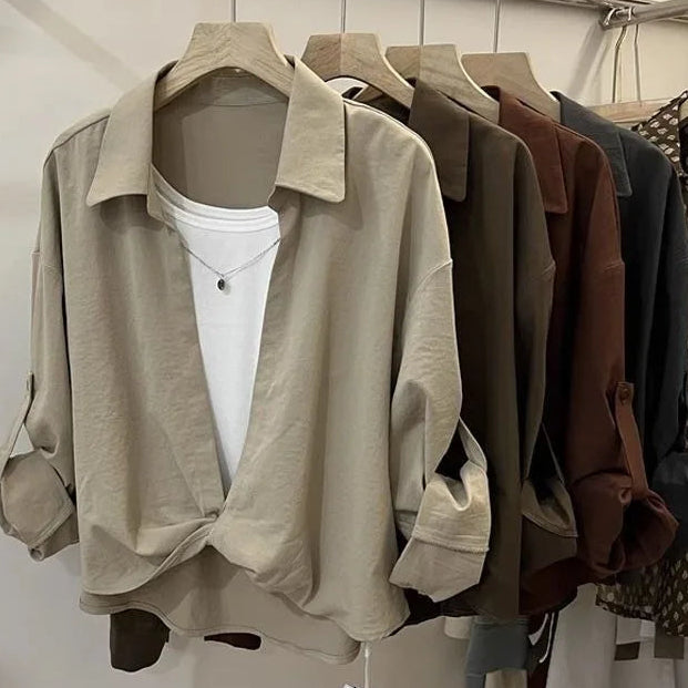 Fashion Simplicity Elegant Trend Spring Summer Pullover Topslong Sleevepolo Collar Fake Two Long Sleeved Shirts for Women