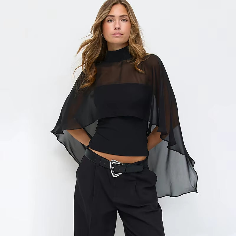 Elegant Women Layered 2 Piece Chiffon Cape Top High Neck Back Cut Out Sheer Flowy Cloak Sleeve Slim Cropped Top Daily Night Wear