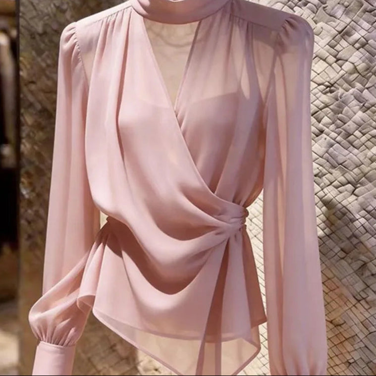 2026 Camisas De Mujer Summer Blouses for Women'S Chic Slim Waist Gauze Sexy Tops V-Neck Long Sleeve See through Blouse Shirts