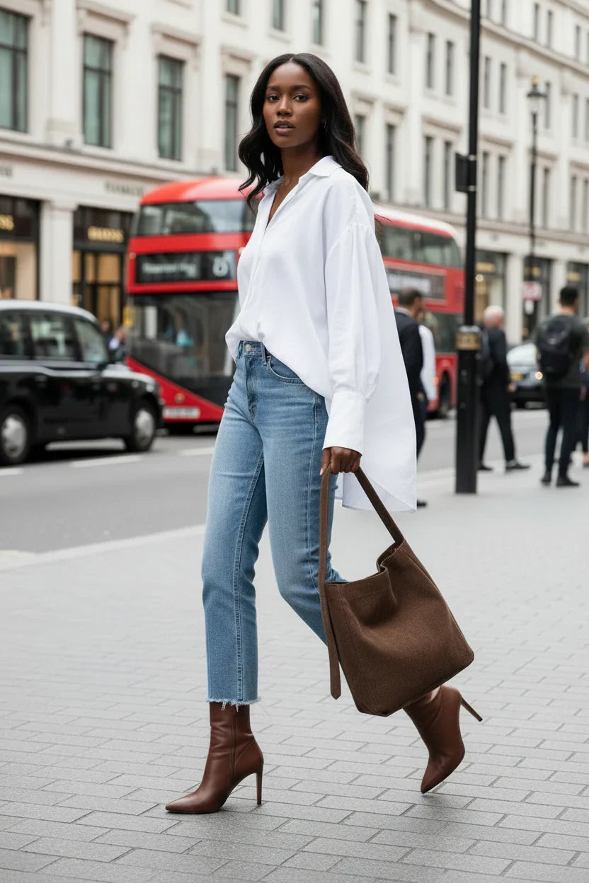Model carrying a brown leather tote bag on Oxford Street, London