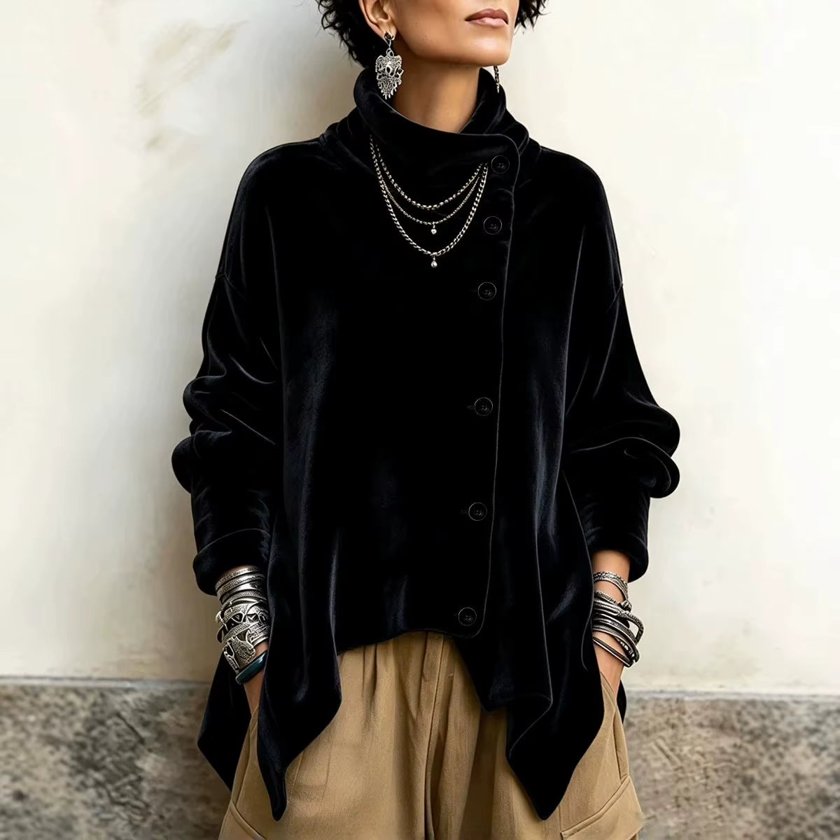 Women Velvet Irregular Hem Jackets High Neck Long Sleeve Button down Loose Coats Casual Fall Winter Vintage Streetwear Outerwear
