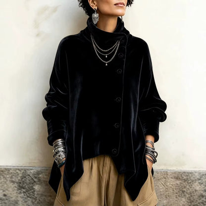 Women Velvet Irregular Hem Jackets High Neck Long Sleeve Button down Loose Coats Casual Fall Winter Vintage Streetwear Outerwear