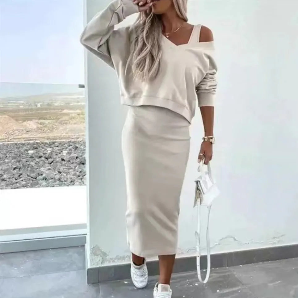 Spring and Autumn New Dress Women'S Suit Fashion Sweater Vest Dress Slim-Fit Bag Hip Elegant Female T Shirt Dresses 2 Piece Set