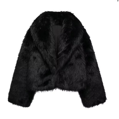 Black Faux Fur Coat for Women Autumn Winter Plush Coats and Jackets Streetwear Outerwears Long Sleeve Warm Womens Coats