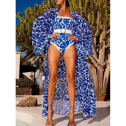 Printed One Piece Swimsuit for Women, European and American Style, Sexy Swimwear with Optional Cover-Up