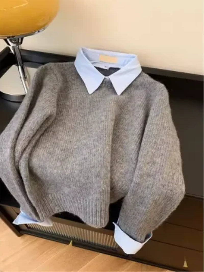 Fake Two Shirts Collar Sweater Women'S Autumn Outfit New Lazy Linterior Contrasting Color Gray Knit Sweater Top with Flip Collar