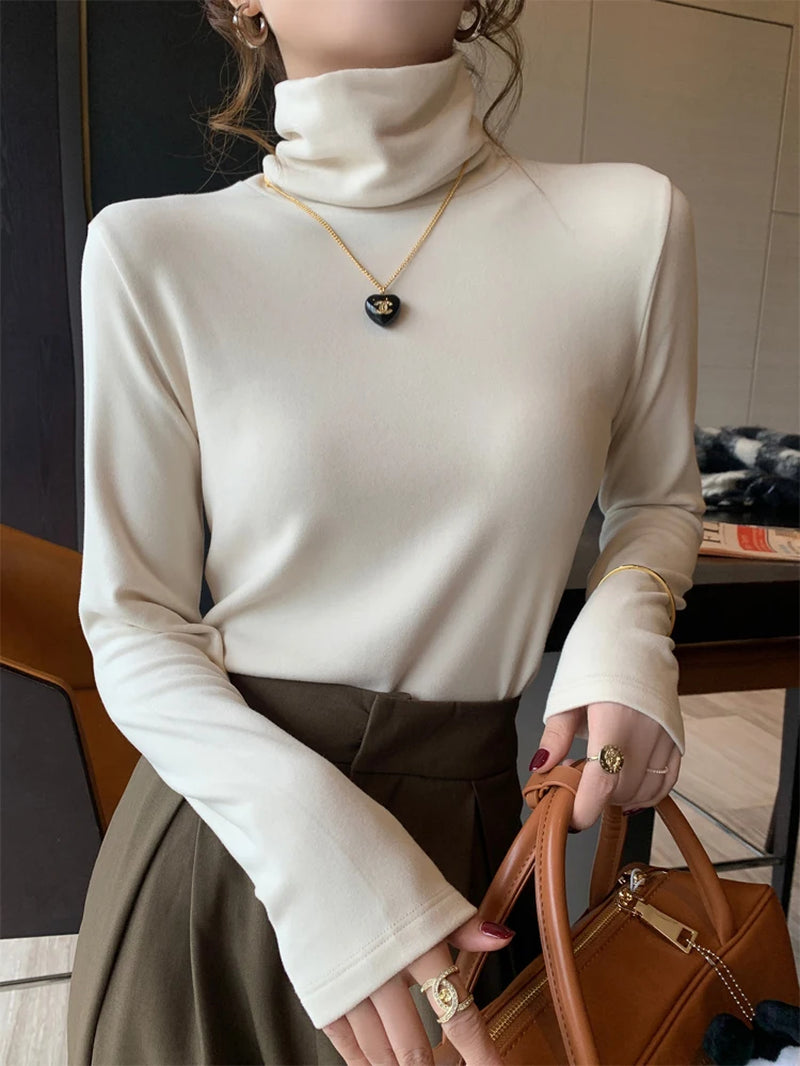1Pc Women'S Thermal Underwear Autumn Winter Warm Long-Sleeved T-Shirt Pile Collar Clothing High Collar Slim Casual Knitwears