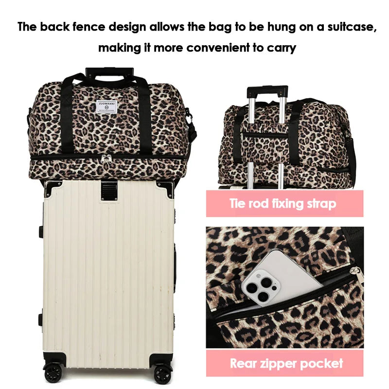 Leopard Printing Travel Bag Large Capacity Sports Gym Bag with Independent Shoe Compartment Weekend Overnight Duffel Bag