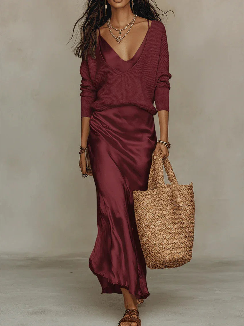 Elegant Solid Satin Dress 2 Piece Set Women Loose V-Neck Knit Long Sleeve Top Strapless Long Dress Suit 2026 Fashion Lady Outfit