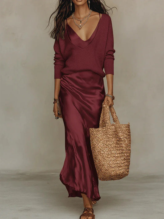 Elegant Solid Satin Dress 2 Piece Set Women Loose V-Neck Knit Long Sleeve Top Strapless Long Dress Suit 2026 Fashion Lady Outfit