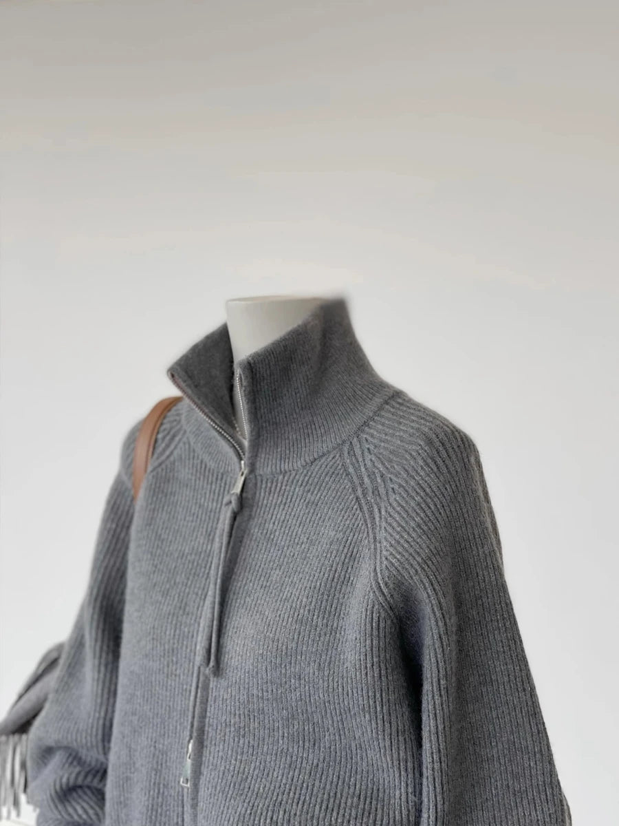 Double Zipper Gray Turtleneck Knitted Cardigan Women'S Autumn and Winter New Loose Lazy Wind Sweater Jacket Thickened Top