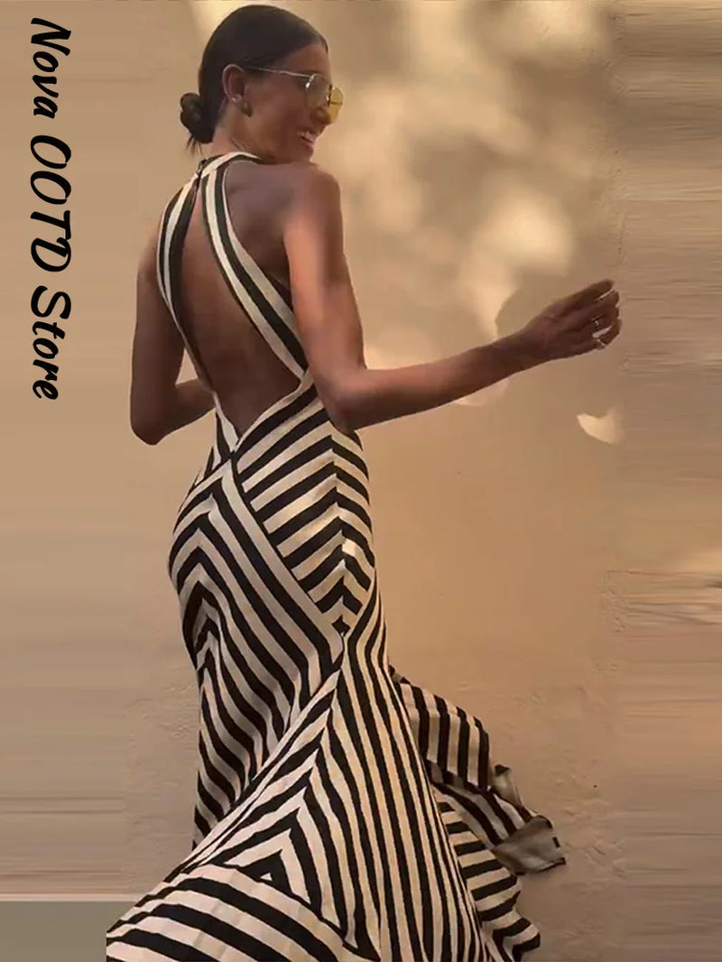 Backless Stripe Summer Dress Women Sleeveless Halter Long Casual Dresses Lady New Fashion Vacation Party Evening Robe 2026