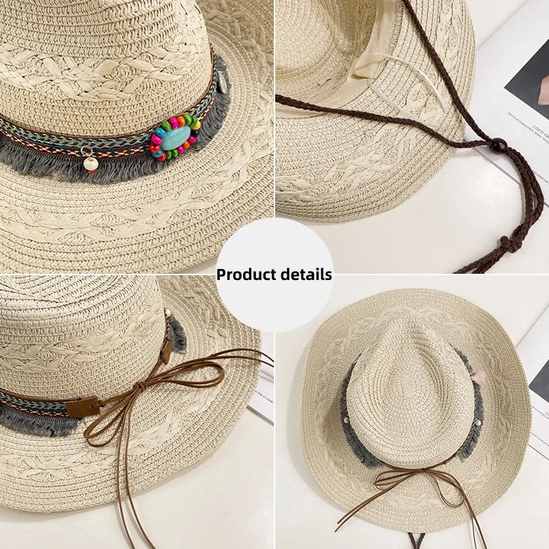Ethnic Style Woven Western Cowboy Straw Hat, Large Brim for Sun Protection in Summer, Suitable for Daily Outings, Beach Vacations, and Grassland Travel