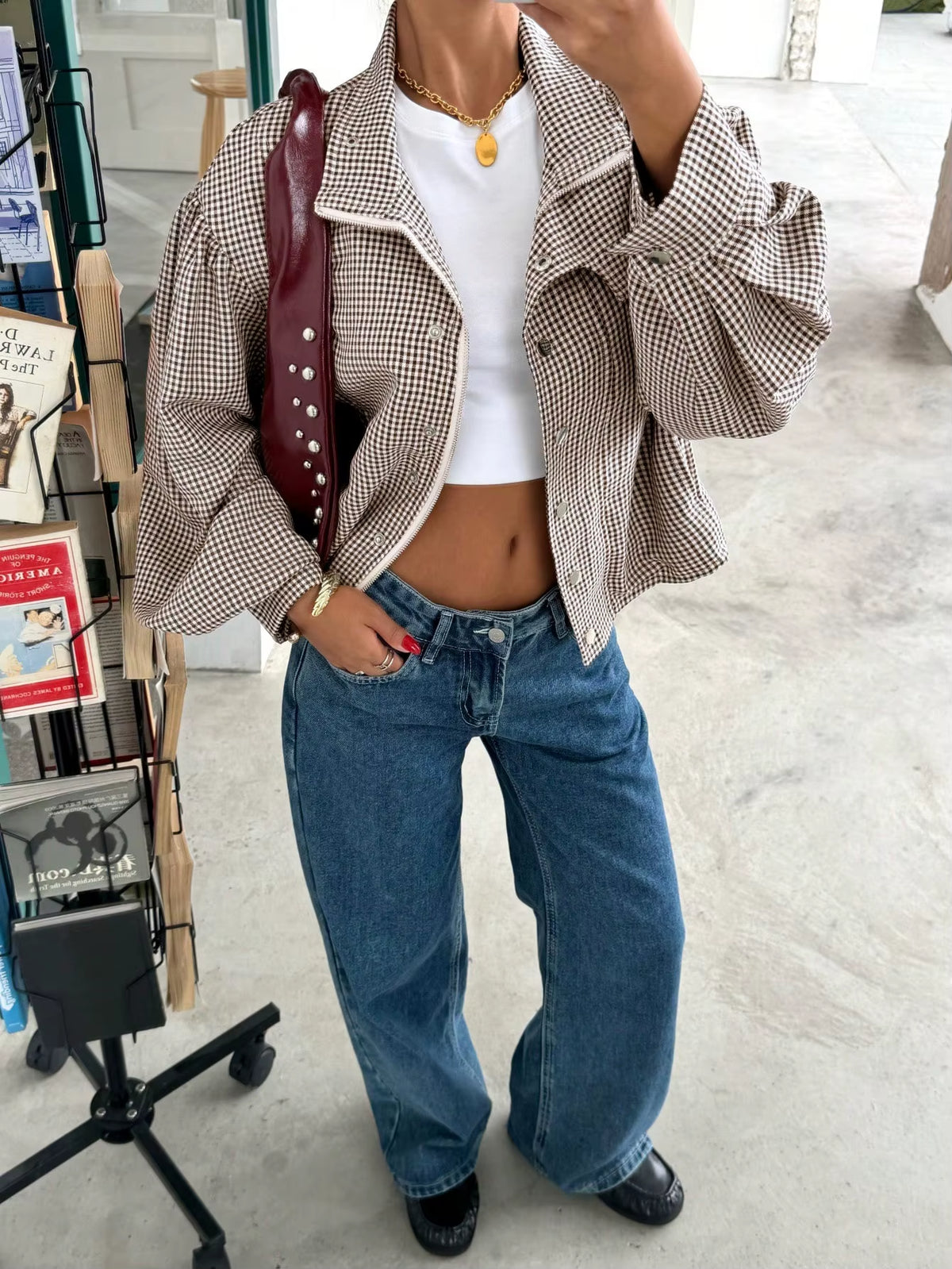 Vintage Houndstooth Cropped Jacket Women Lapel Balloon Sleeve Zip up Casual Short Coat Autumn Street Outerwear