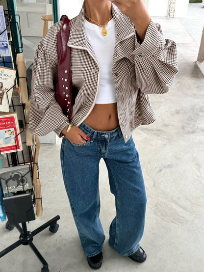 Vintage Houndstooth Cropped Jacket Women Lapel Balloon Sleeve Zip up Casual Short Coat Autumn Street Outerwear