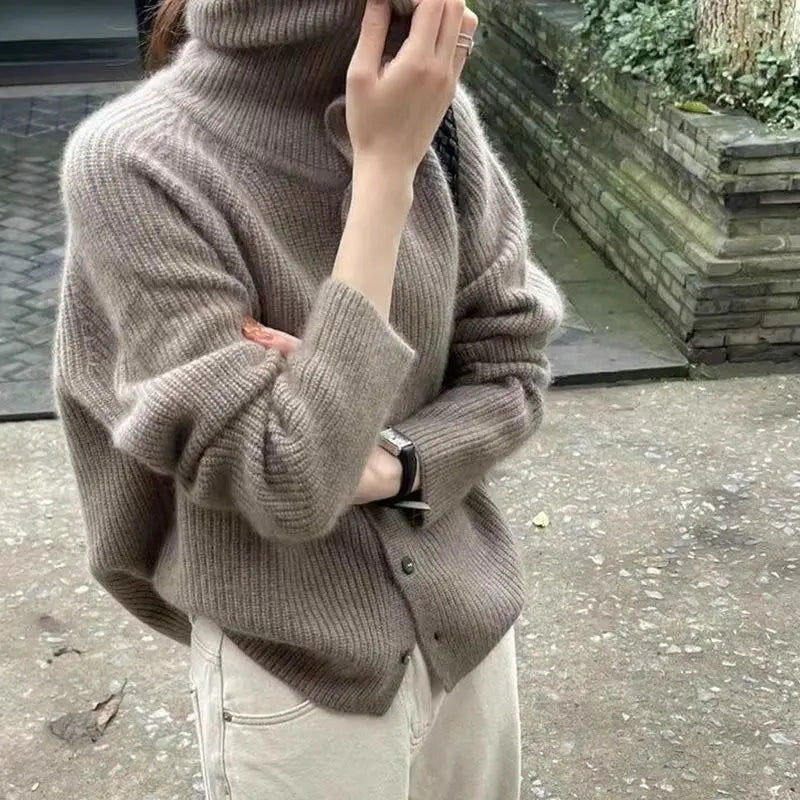 Solid Color Single-Breasted Fashion Knitted Cardigan for Women'S Spring and Autumn New High-Neck Long-Sleeved Versatile Sweater