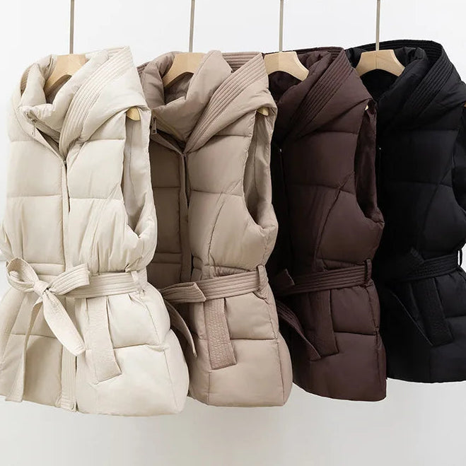2025 New Women'S Quilted Puffer Vest Thicken Warm Winter Hooded Coat Solid Sleeveless Padded Outwear Cropped Button Zip up Coat