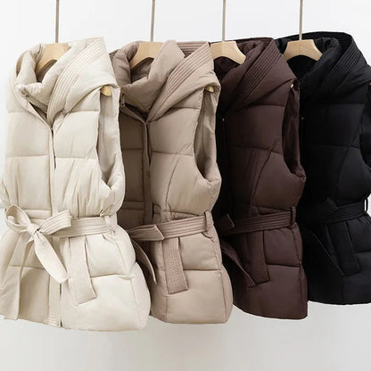 2025 New Women'S Quilted Puffer Vest Thicken Warm Winter Hooded Coat Solid Sleeveless Padded Outwear Cropped Button Zip up Coat