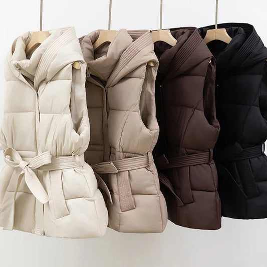 2025 New Women'S Quilted Puffer Vest Thicken Warm Winter Hooded Coat Solid Sleeveless Padded Outwear Cropped Button Zip up Coat