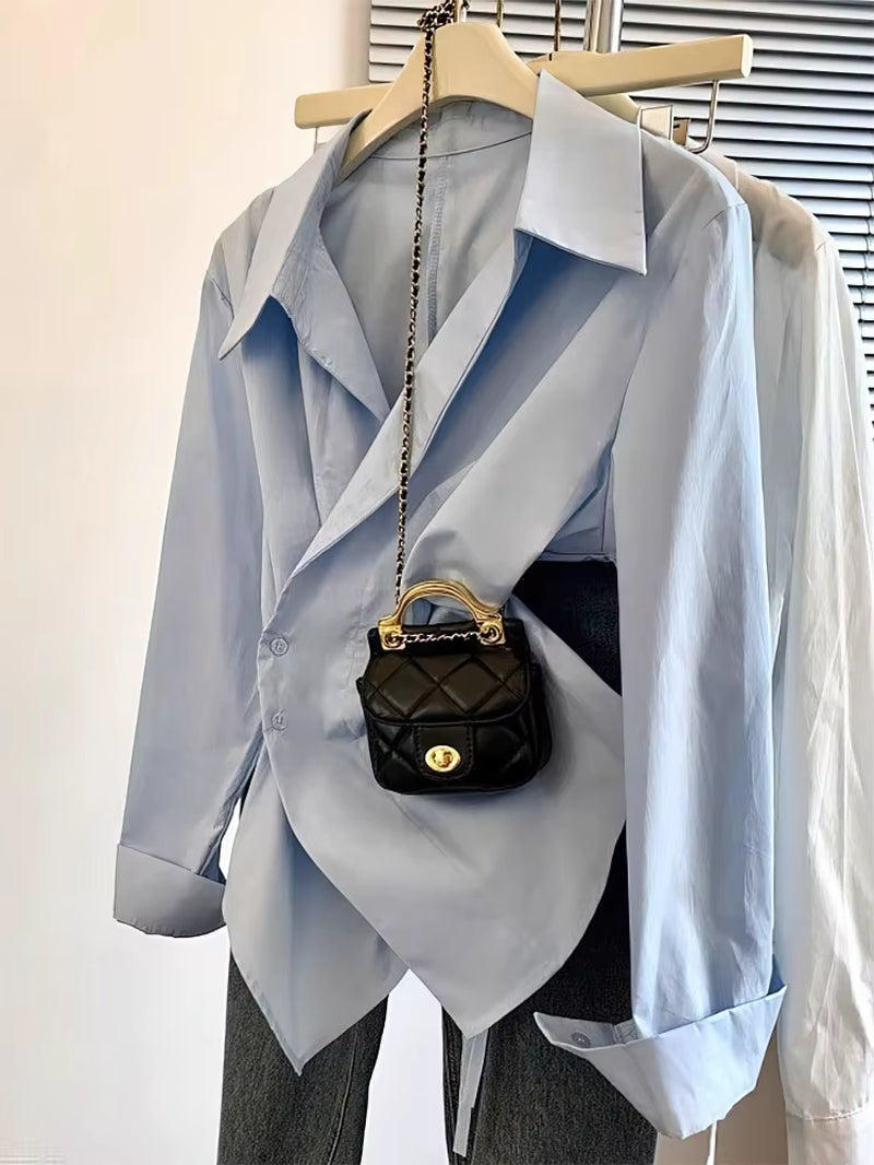 Designer Irregular Long Sleeve Polo Shirt Women Tunic White Elegant Basic Top Blouse Ladies Fashion Work Wear Shirts