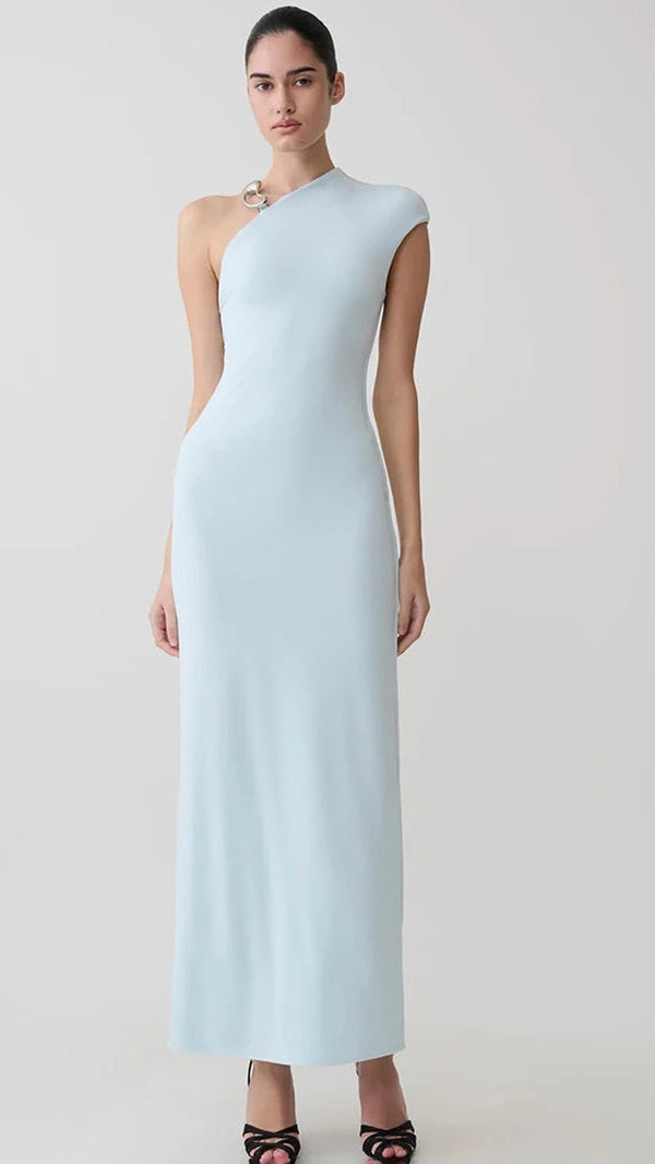 Sexy One Shoulder High Slit Women Maxi Dress Sleeveless Metal Button Dress Autumn Slim Elegant Party Club Dress 2026