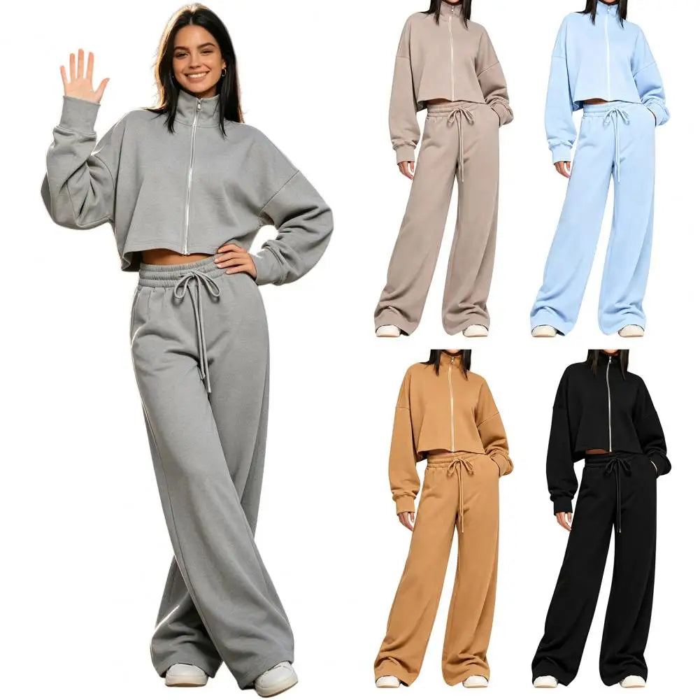 Drawstring Pants Women’S Fall Jacket Pants Set Stand Collar Zip-Up Outerwear Drawstring Wide Leg Two-Piece Suit for Ladies Two