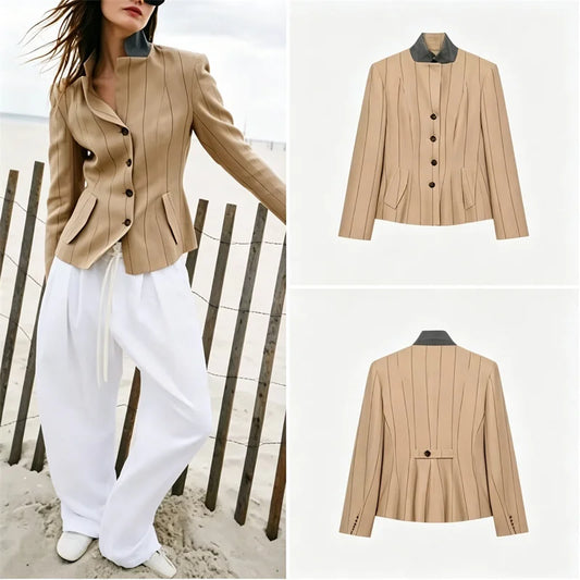 2026 Women Khaki Striped Linen Blazer Lapel Collar Slim Fit Single Breasted Short Jacket Casual Commuter Outerwear