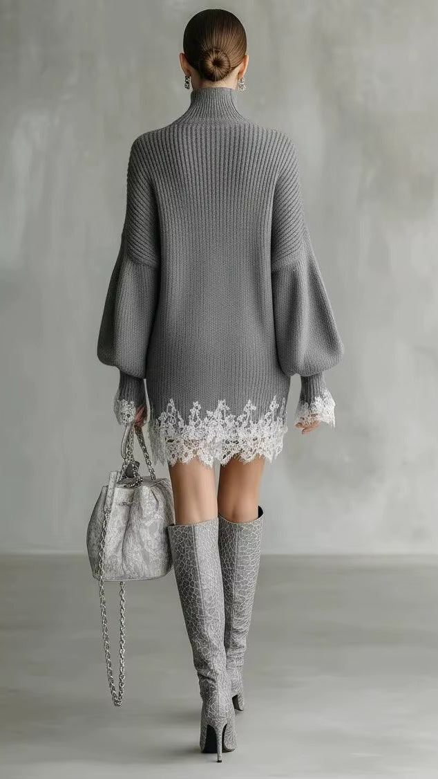 Elegant Lace Splice Loose Party Dress Fashion Turtleneck Hight Waist Knit Dress Fall Winter Casual Long Sleeve Solid Mini Dress