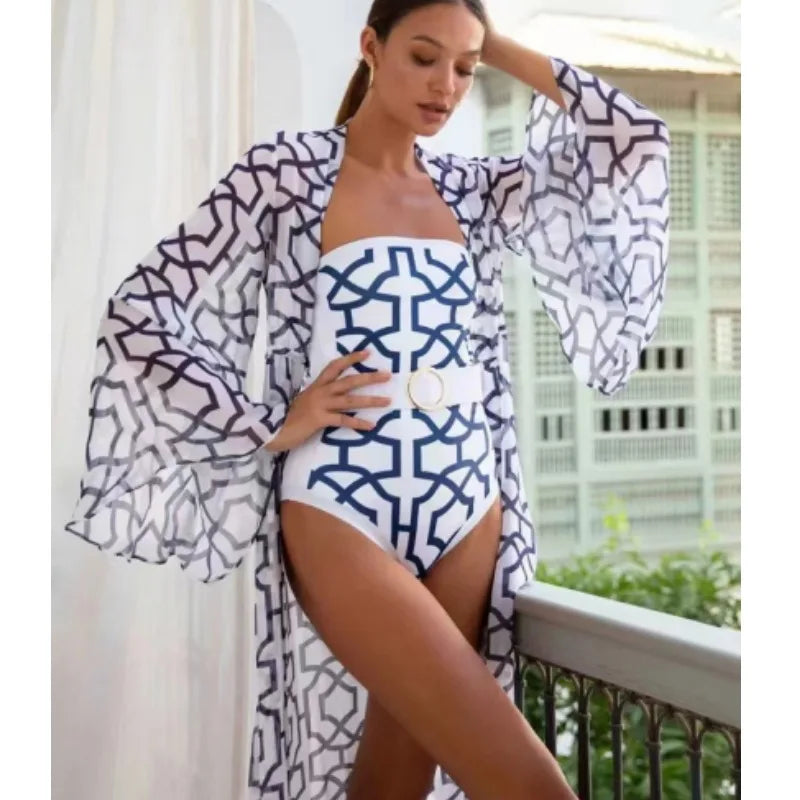 Printed One Piece Swimsuit for Women, European and American Style, Sexy Swimwear with Optional Cover-Up