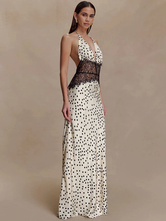 Polka Dot Backless Sexy Maxi Dress Women Gown Elegant Patchwork Lace Halter Deep V Neck Sleeveless Bodycon Club Dress