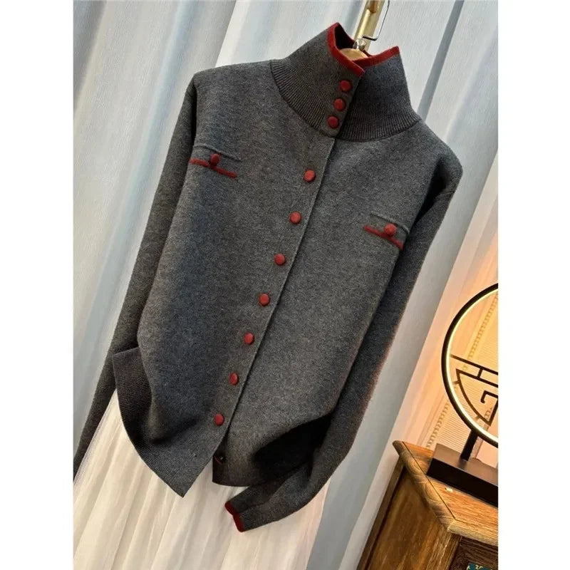 Autumn Ladies High Neck Patchwork Knitwear Femme Fashion Large Size 5XL Loose Knitting Women Single-Breasted Knitted Sweater Top