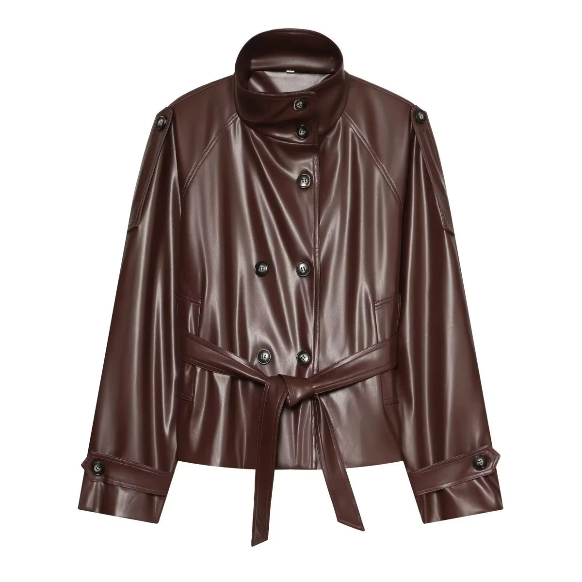 Fall New Arrival Women'S High Collar Long Sleeve Double Breasted Belted Short Length Coat French Style Loose Fit Polyester