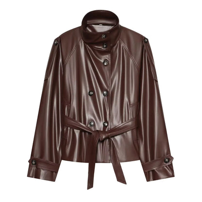 Fall New Arrival Women'S High Collar Long Sleeve Double Breasted Belted Short Length Coat French Style Loose Fit Polyester