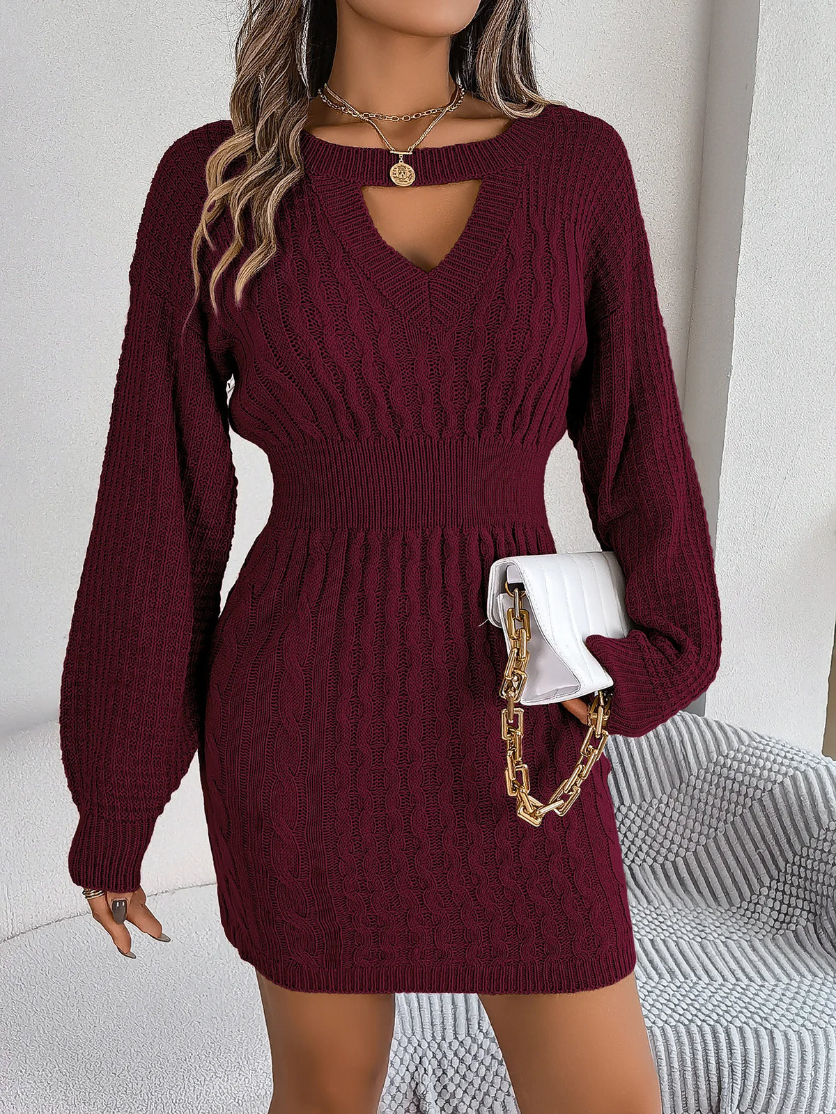 Autumn Winter Solid Color Woolen Dress O-Neck Lantern Long Sleeve Hollow Out Knitted Mini Dresses 2026 Fashion Woman Clothing