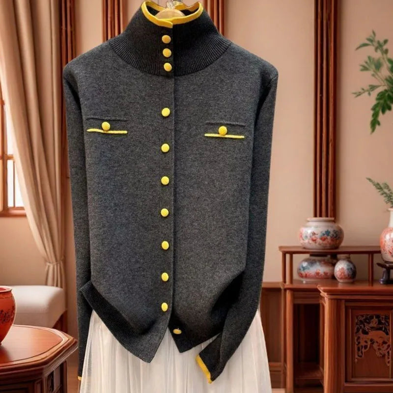 Autumn Ladies High Neck Patchwork Knitwear Femme Fashion Large Size 5XL Loose Knitting Women Single-Breasted Knitted Sweater Top